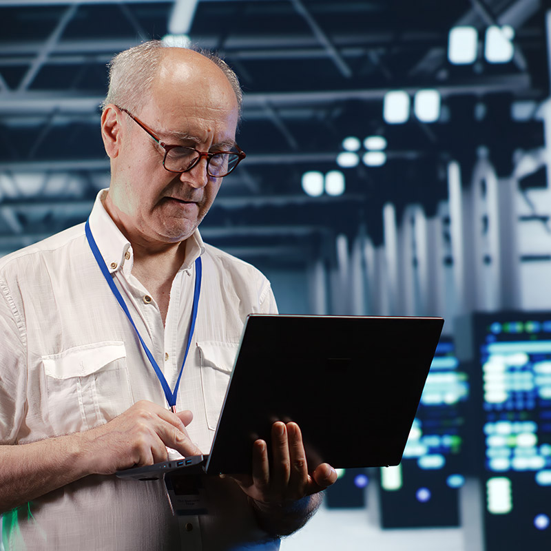 An image of a man holding a laptop in a data centre | IT Maintenance in Falkirk