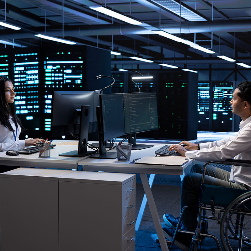 An image of two people working on desktops with servers in the background | Remote IT Support in Falkirk